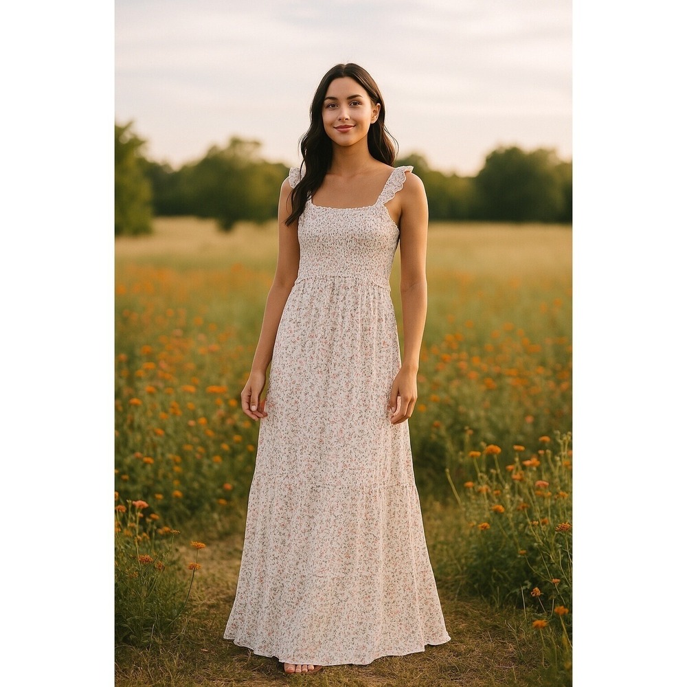 Hippie Rose‎ Maxi Dress Jr XS Ivory Pink Smocked Ruffle Cottagecore Floral Boho